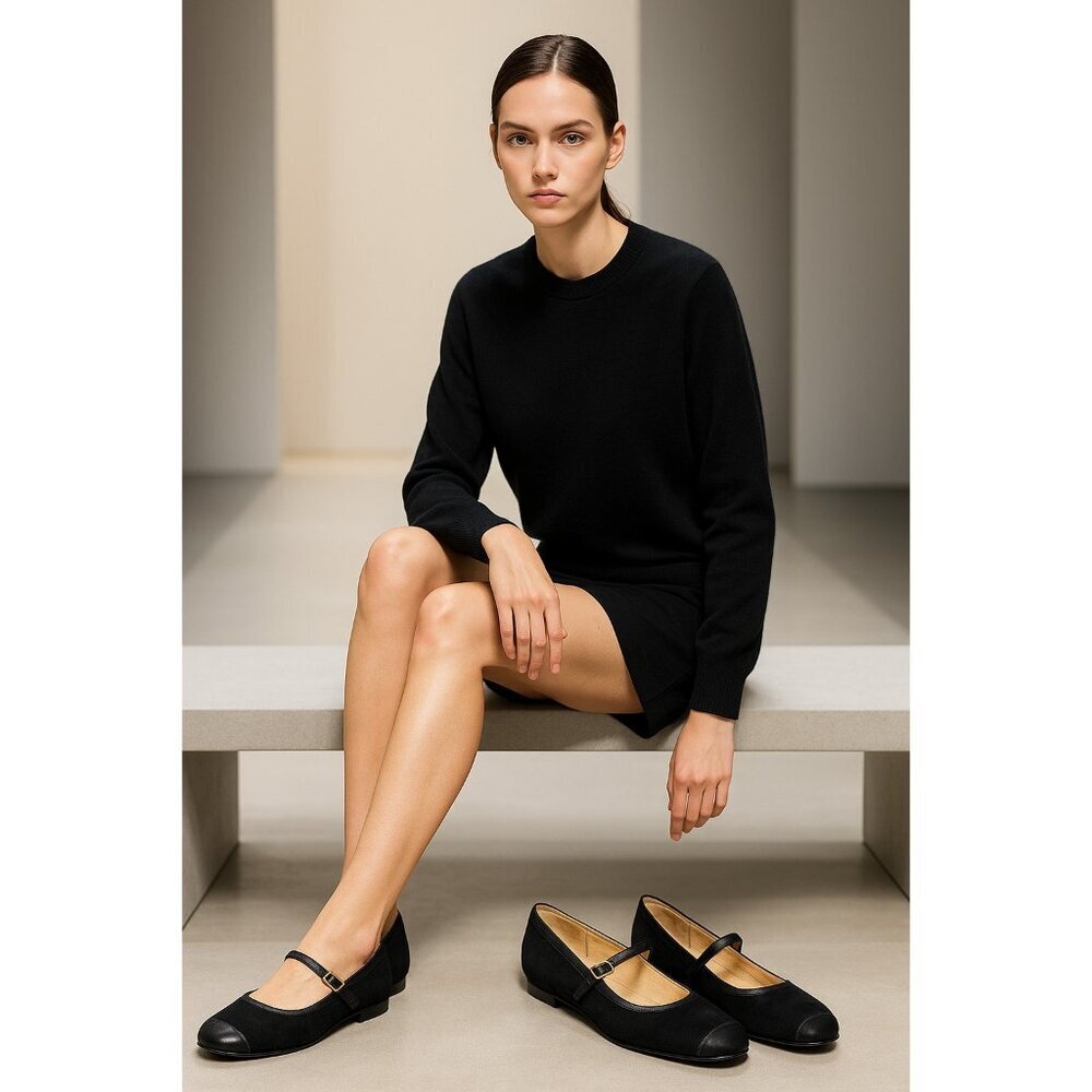 Eschantel Black Suede Mary Jane Flats Size 8.5M Leather Cap Toe Comfort Shoes